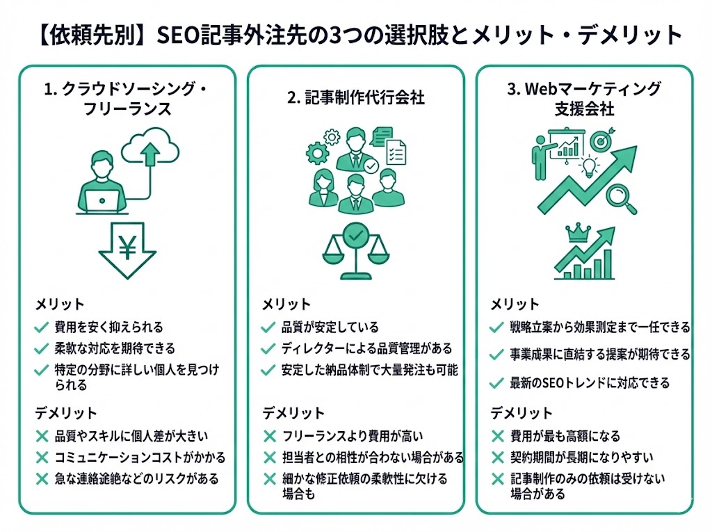 【依頼先別】SEO記事外注先の3つの選択肢とメリット・デメリット