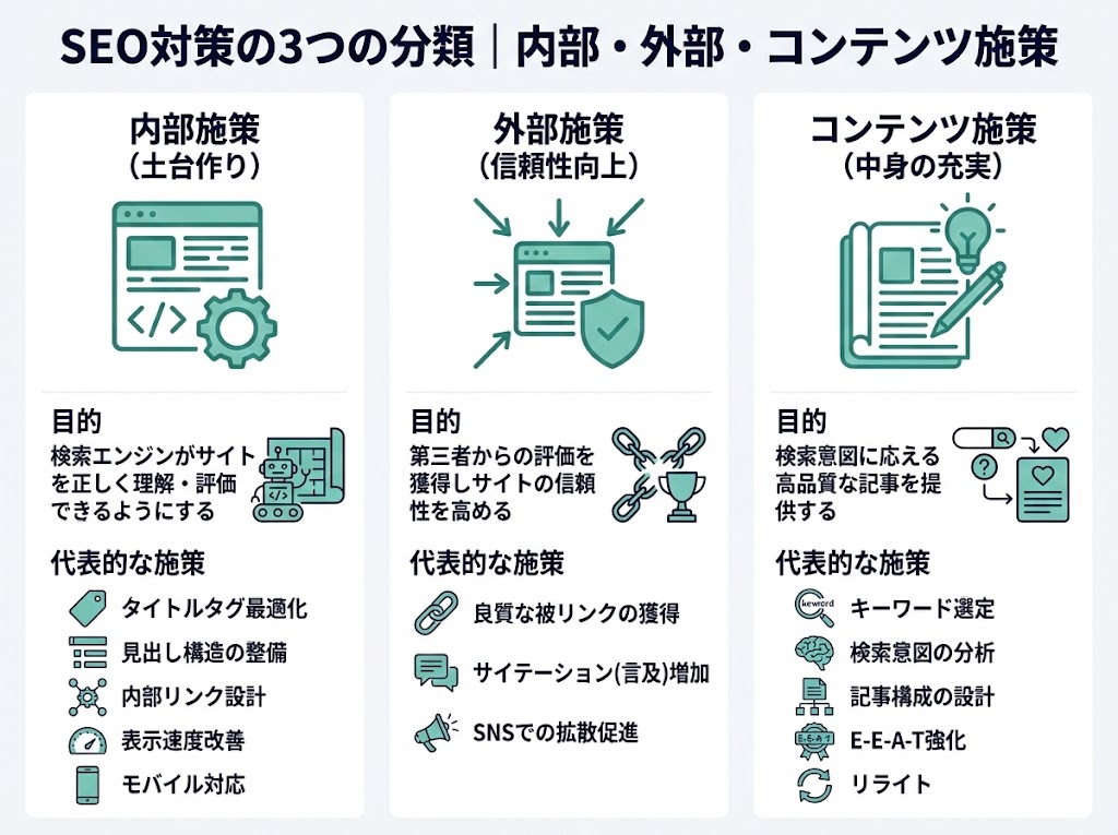 SEO対策の3つの分類|内部施策・外部施策・コンテンツ施策